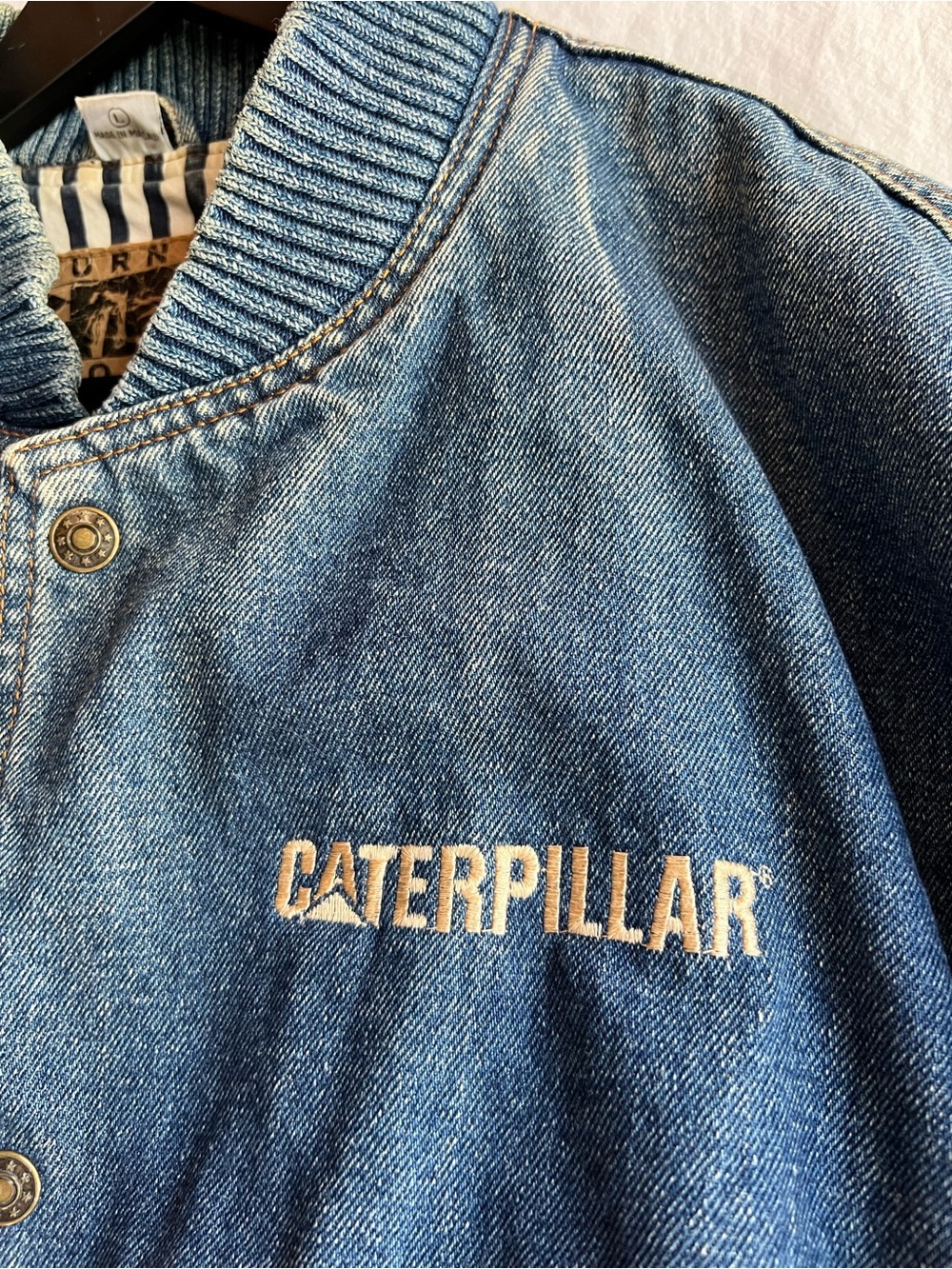 Vintage Caterpillar Denim Varsity Jacket Mens L Workwear CAT Snap Front - Picture 5 of 12